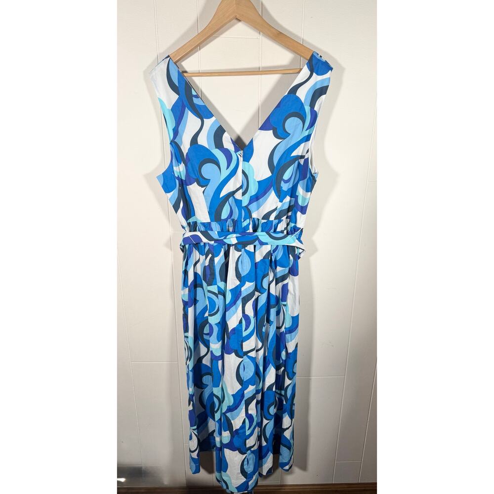 Boden Blue Abstract V-Neck Belted Midi Dress Fit & Flare‎ Sleeveless Size 14R - Picture 7 of 12